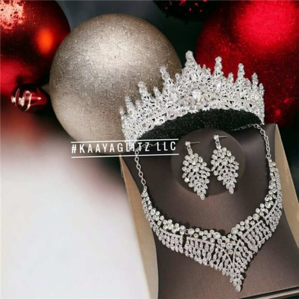 3 PCS Silver Rhinestone Necklace Earrings Crown Set Bridal Prom Jewelry Set